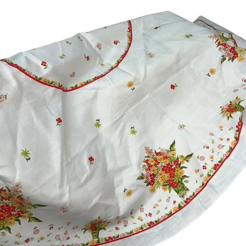 NEW 100% Linen Poland red yellow floral print 2 napkins table cloth 70 inch roun